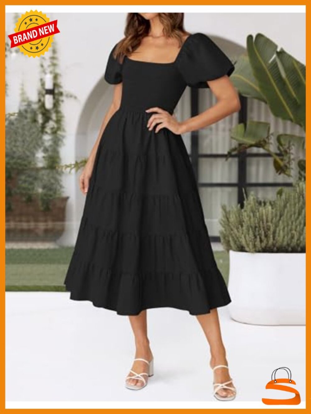 Women's Puff Sleeve Midi Dress Square Neck Smocked High Waist Flowy Tiered - Picture 4 of 6